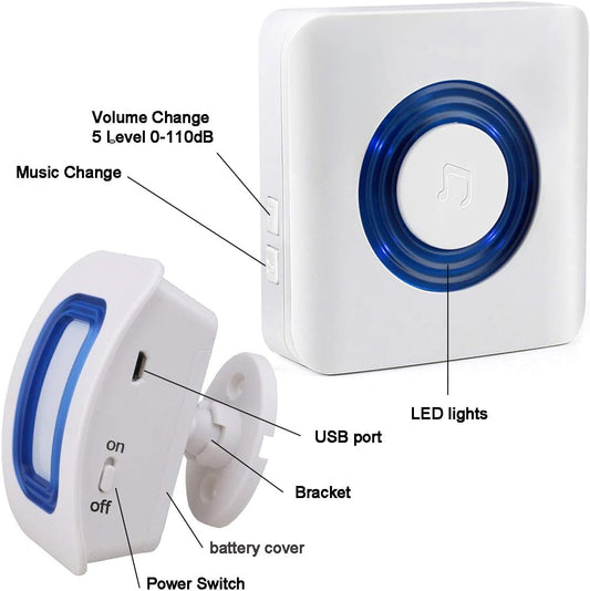 White electronic device with blue accents, labeled with features like volume control, music change, LED lights, USB port, bracket, battery cover, and power switch.