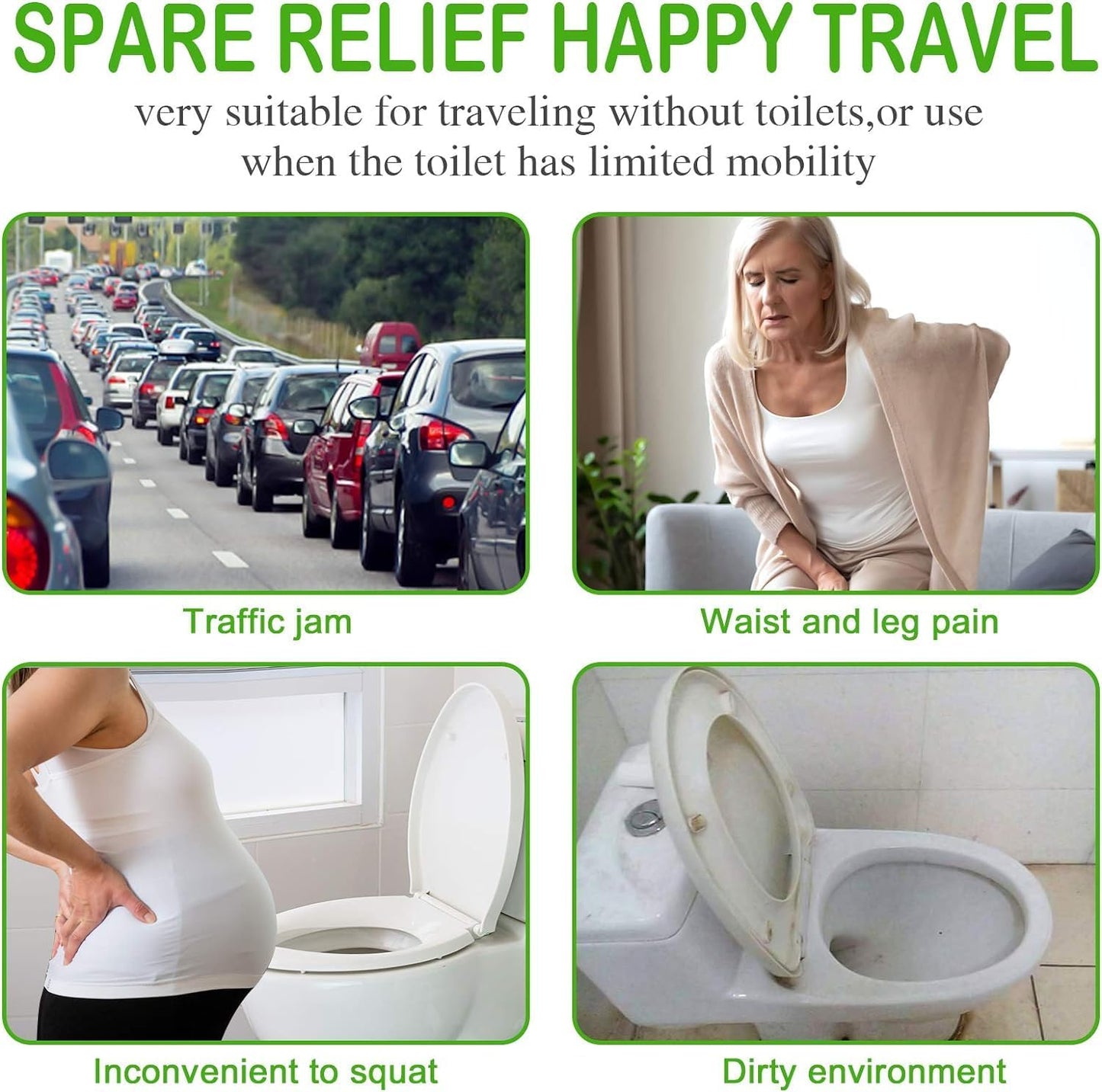 Advertisement for a female urinal with images of traffic, a woman in pain, and a toilet.