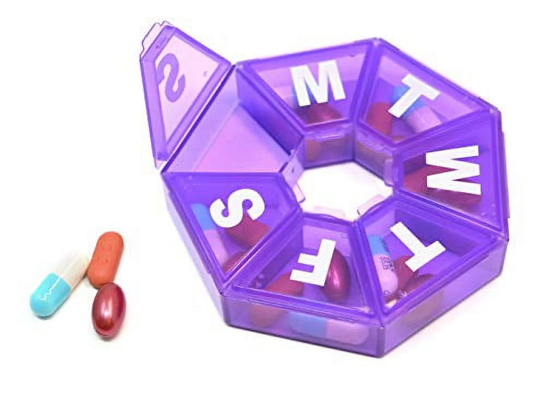 Purple weekly pill organizer with seven compartments labeled Monday through Sunday, on a white background.