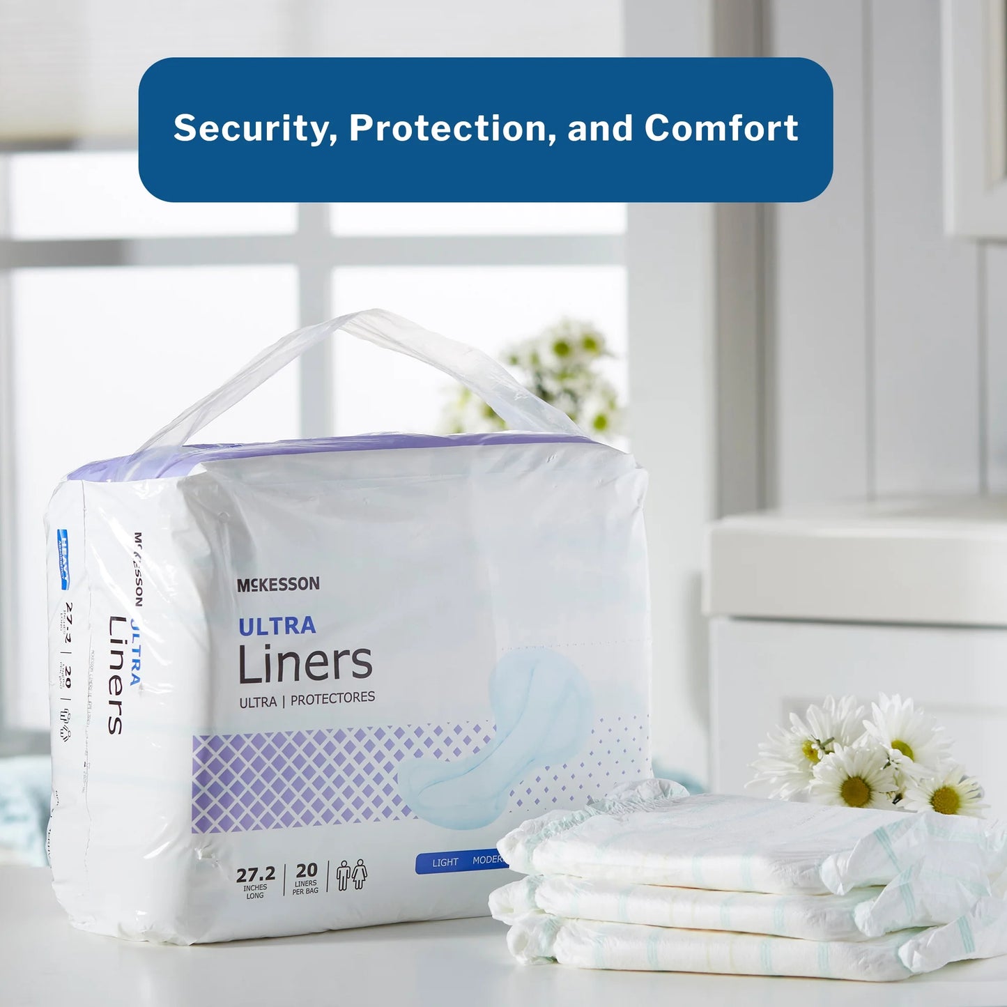 Pack of McKesson Ultra Liners with a stack of linens on a white surface, labeled 'Security, Protection, and Comfort'.