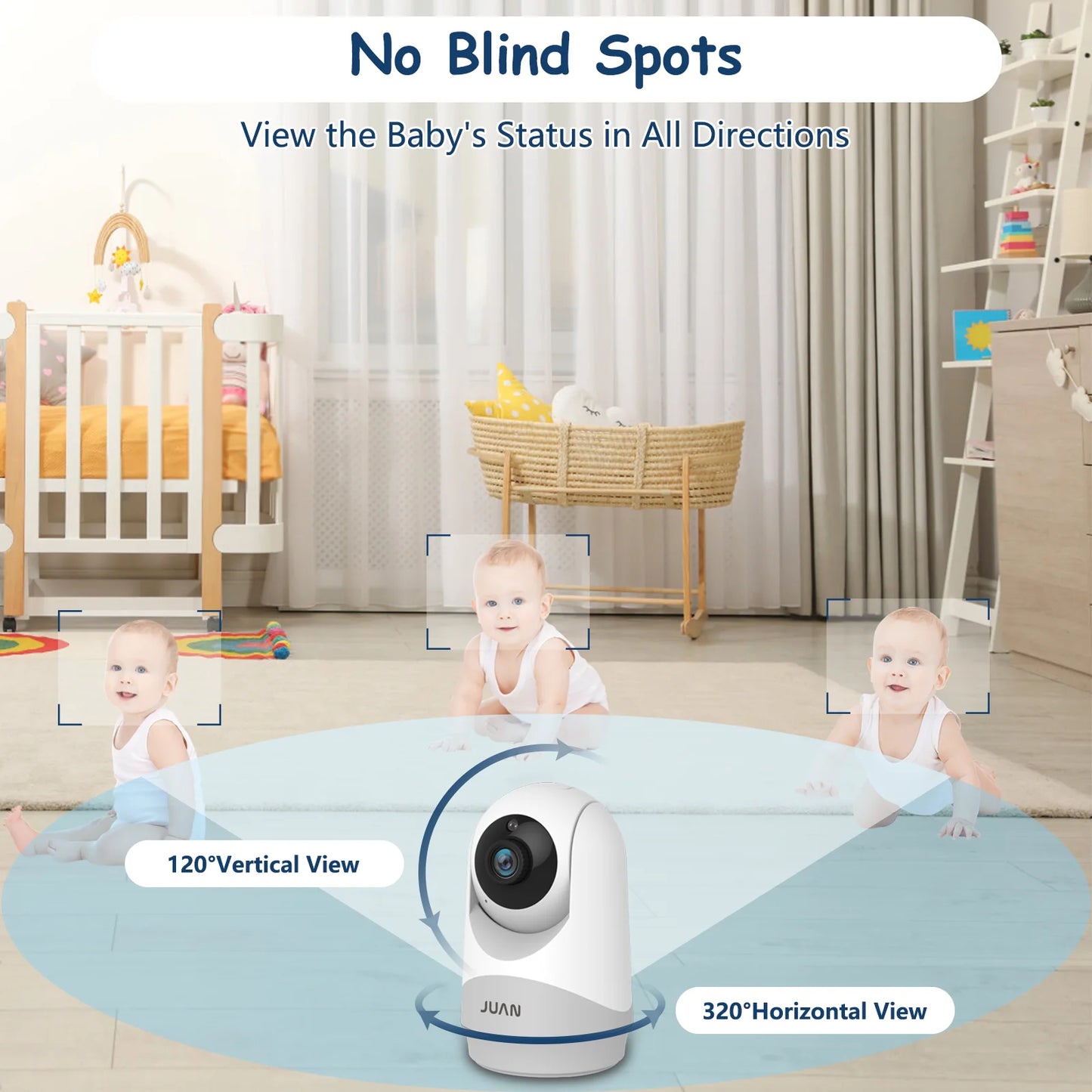 Baby monitor with 120-degree vertical and 360-degree horizontal view in a nursery setting.