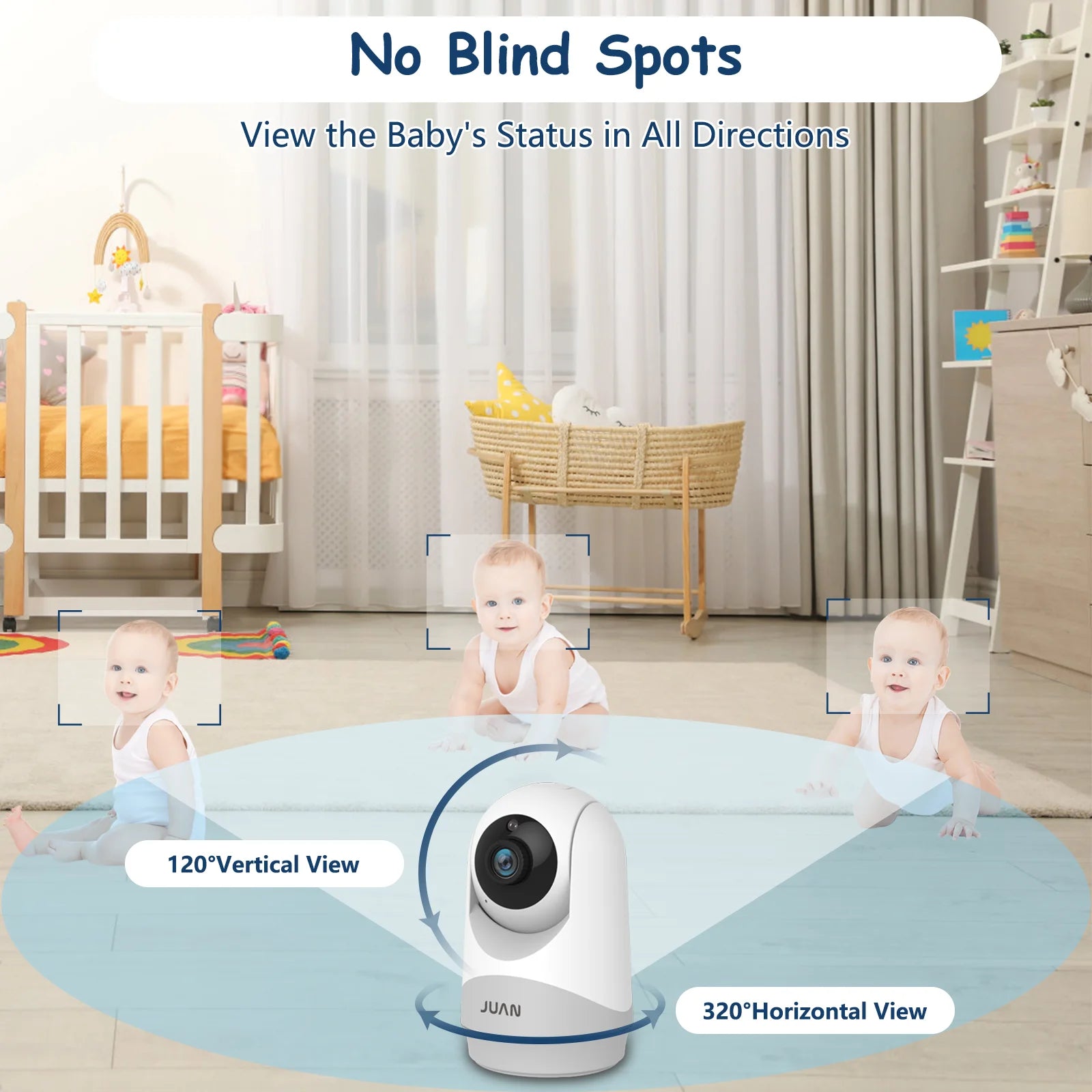 Baby monitor with 120-degree vertical and 360-degree horizontal view in a nursery setting.