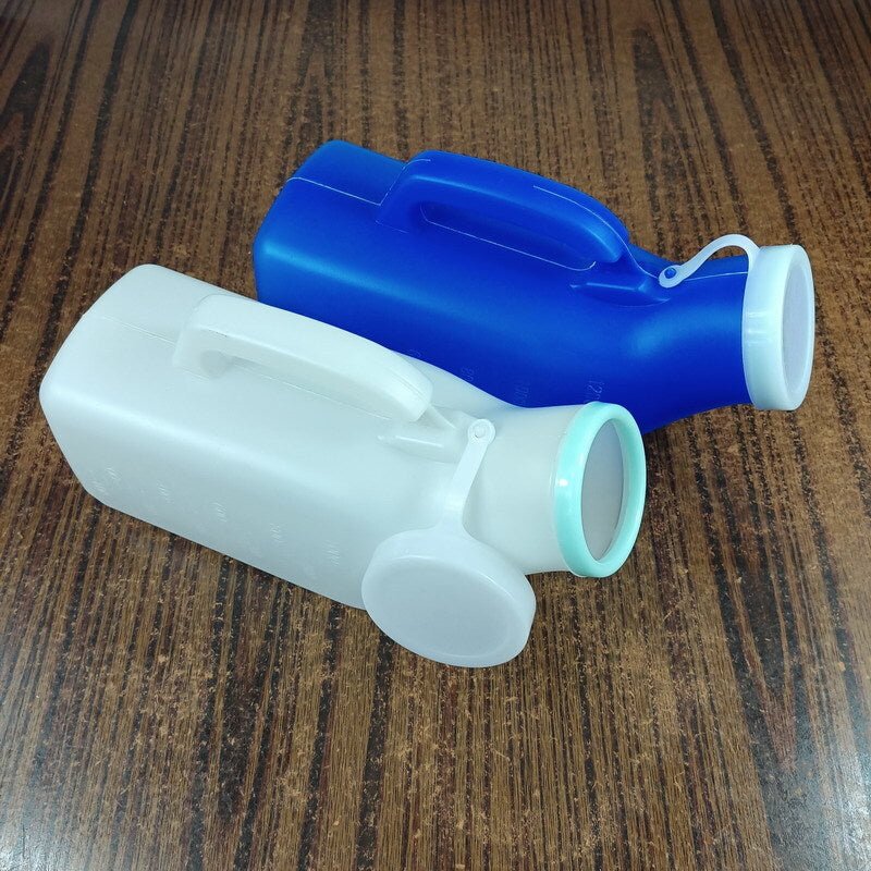 Blue and white plastic containers on a wooden surface