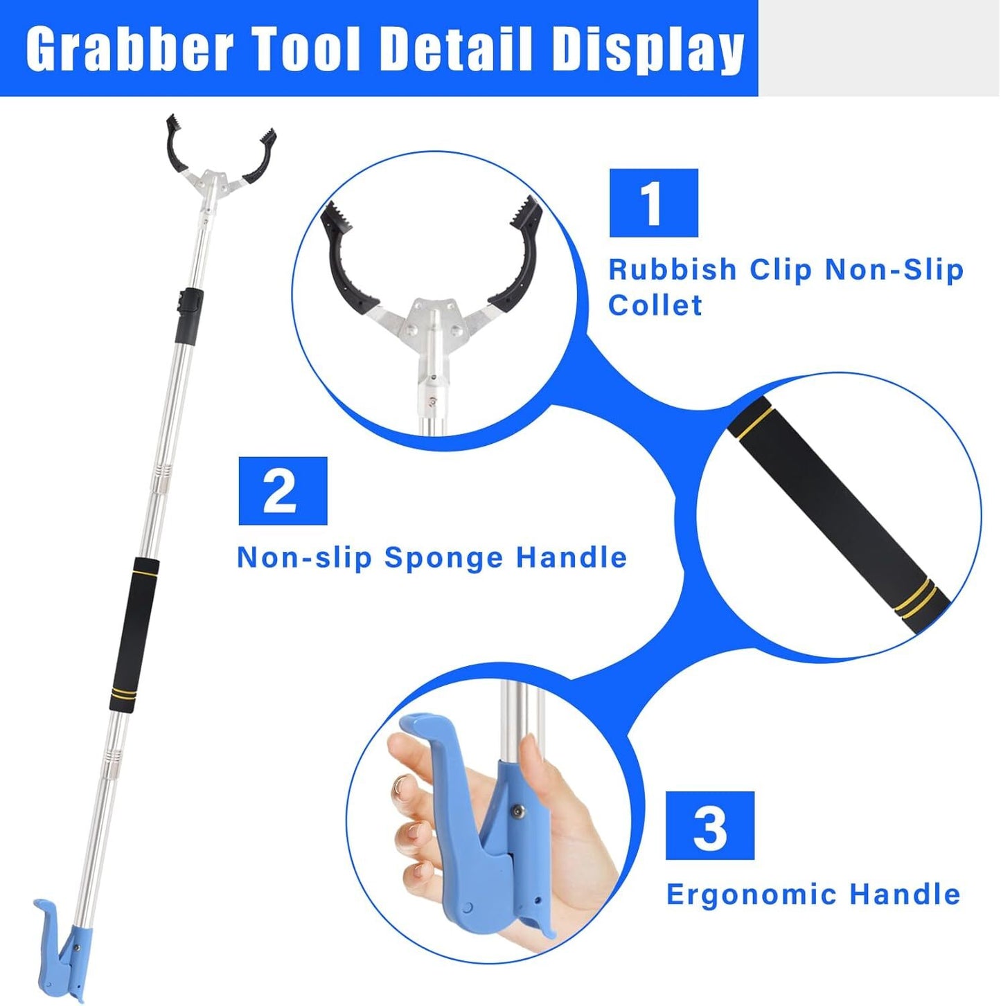 Close-up of Frebuta grabber tool showing anti-slip gripping jaw and contoured ergonomic handle.