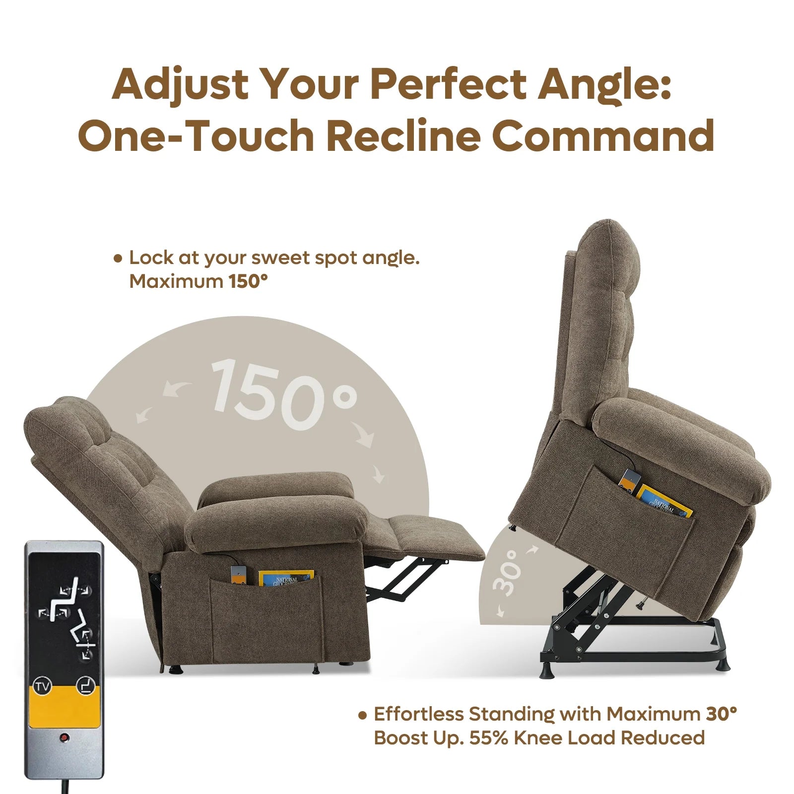 Brown recliner chair with one-touch recline command and digital display on a white background