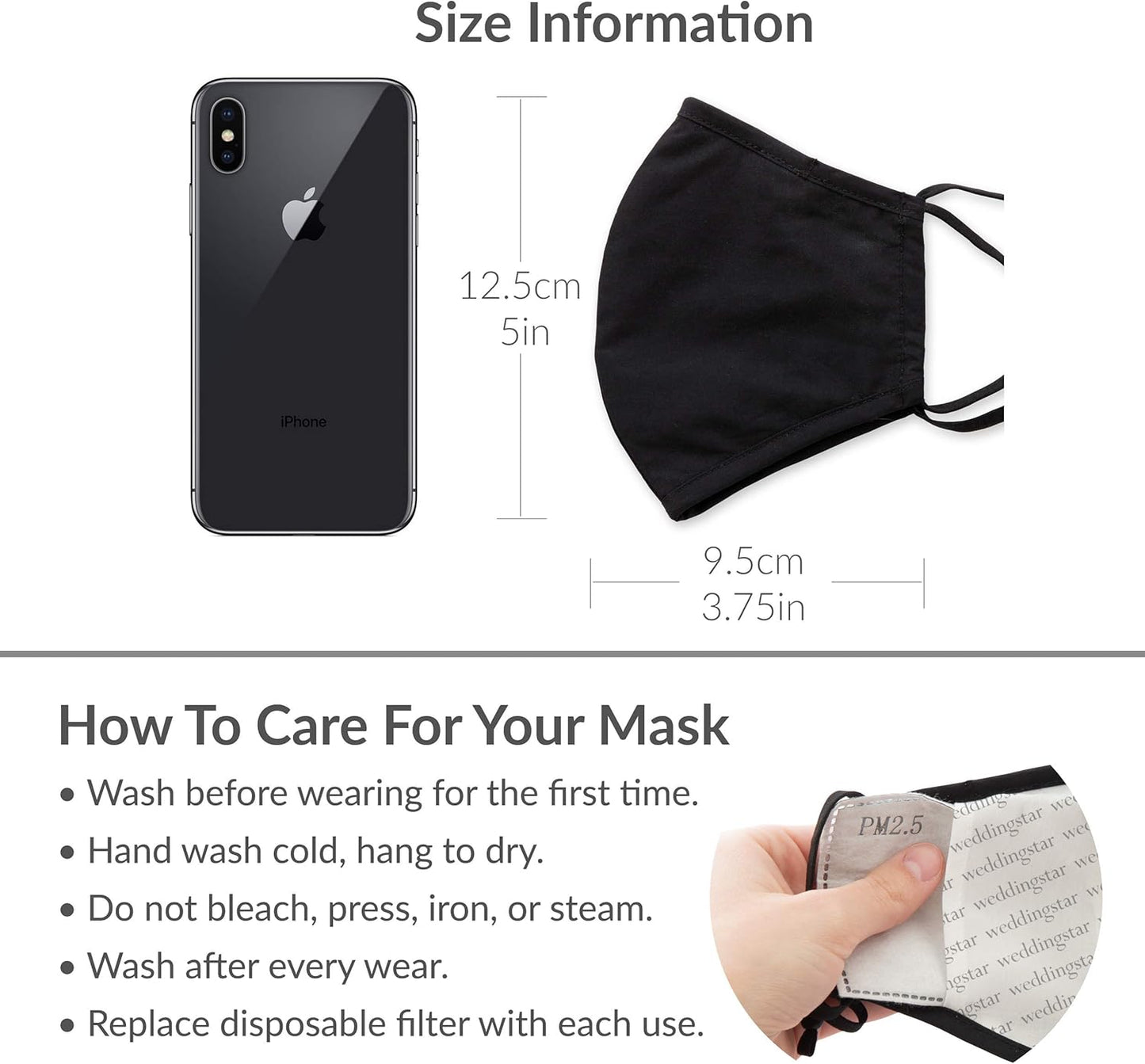 Black face mask with size chart and care instructions on a white background