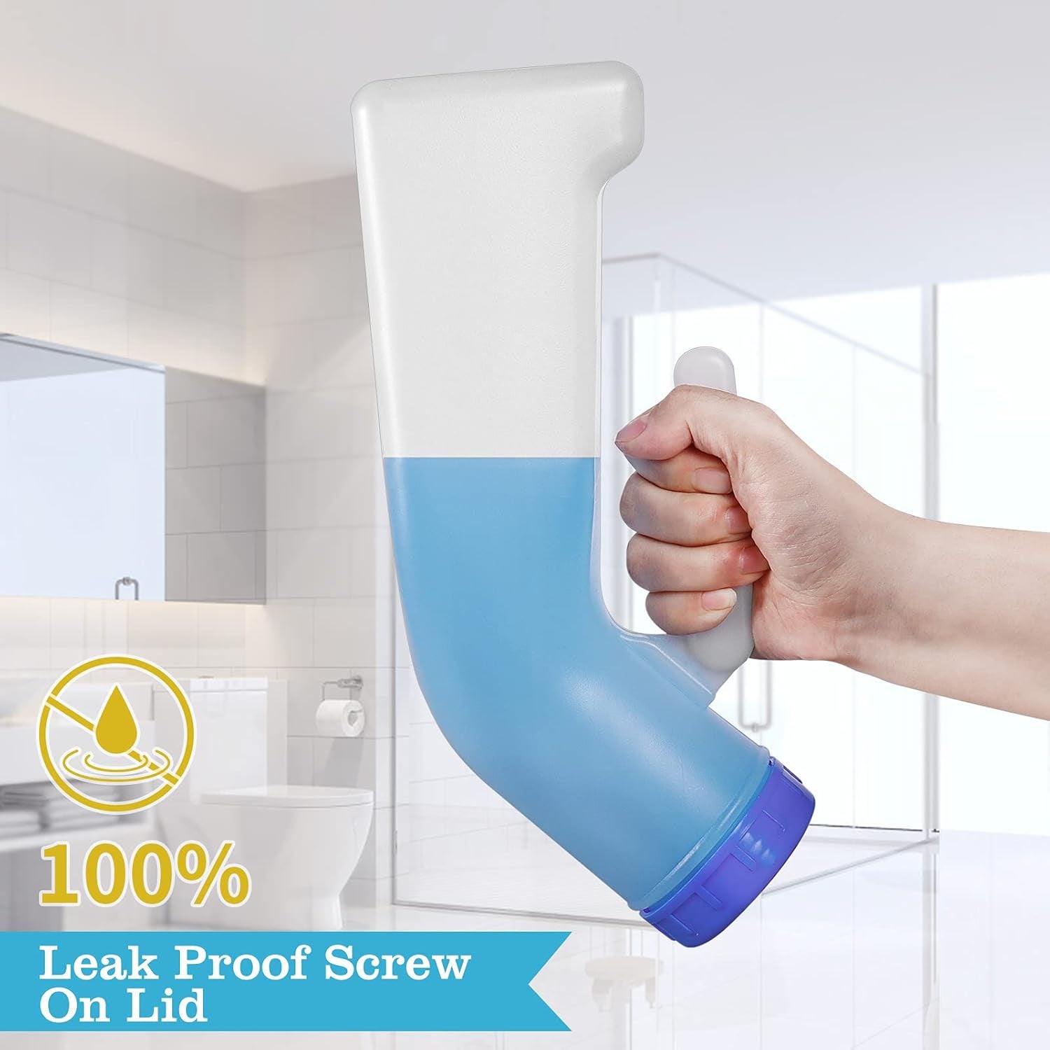 Hand holding a blue and white container with a leak-proof screw-on lid in a bathroom setting.