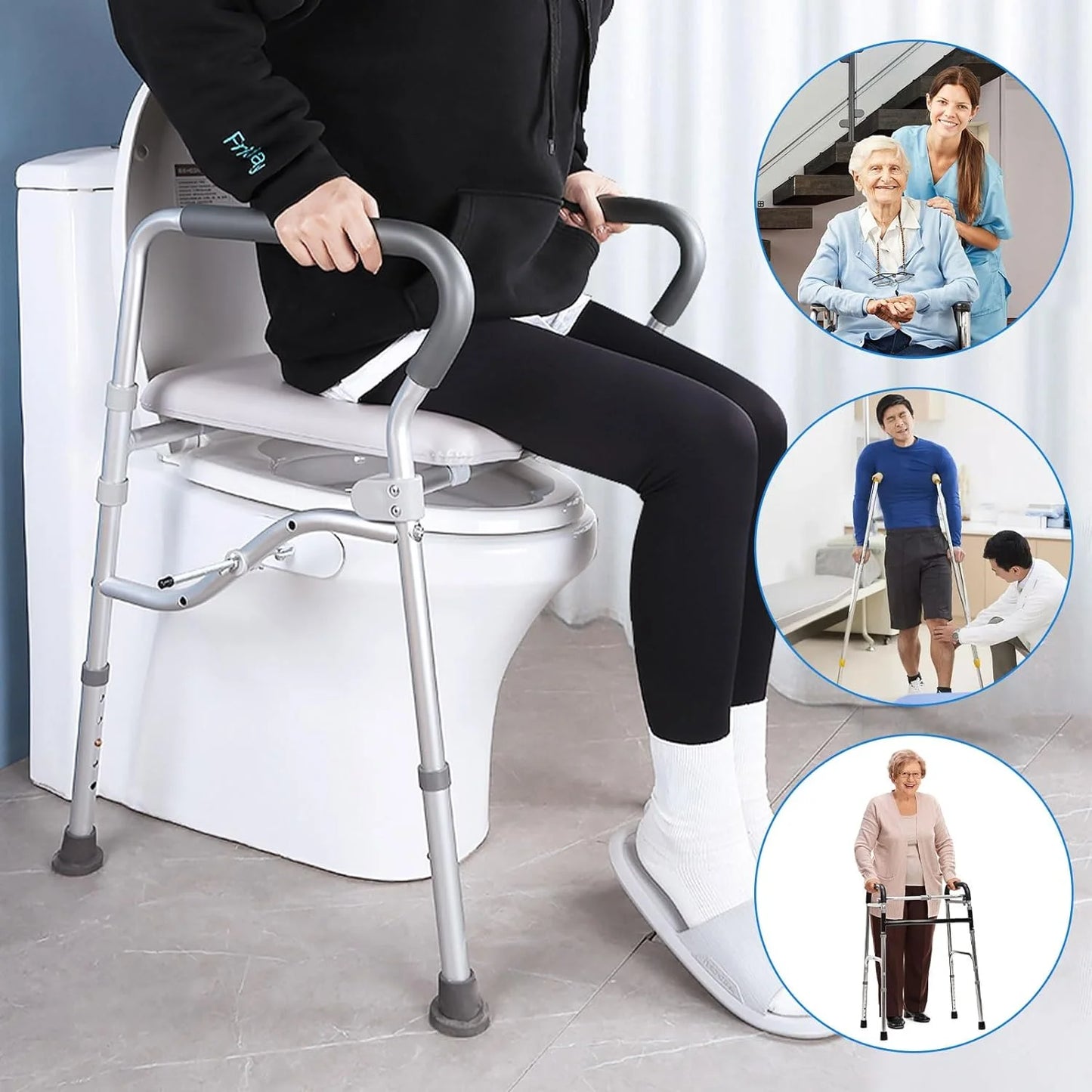 BESTSLE raised toilet seat positioned over toilet or in shower. Ideal for seniors, recovery, and mobility support.