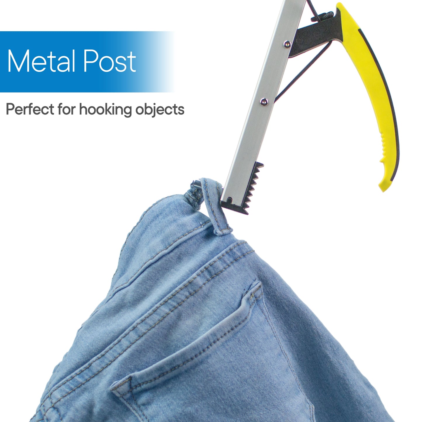 Metal post with yellow hook attached to blue jeans on a white background
