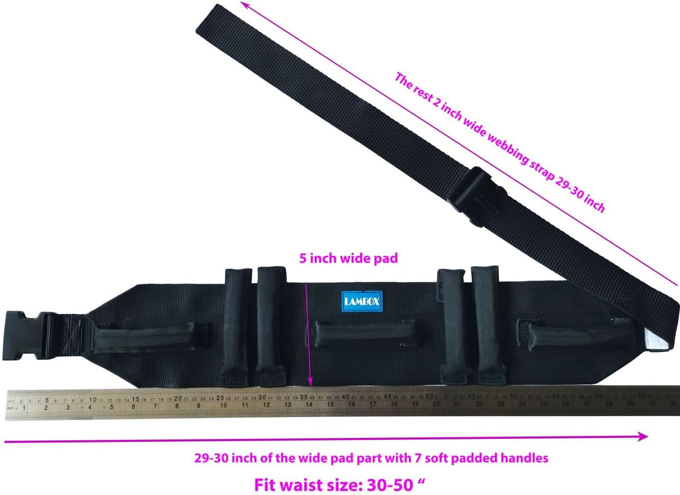 Black waist belt with measurements and padding details on a white background