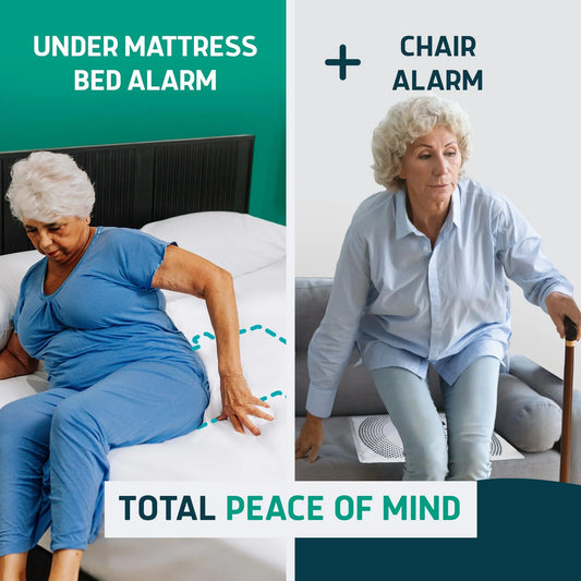 Two images showing a woman with a bed alarm and chair alarm, with text 'Total Peace of Mind'.