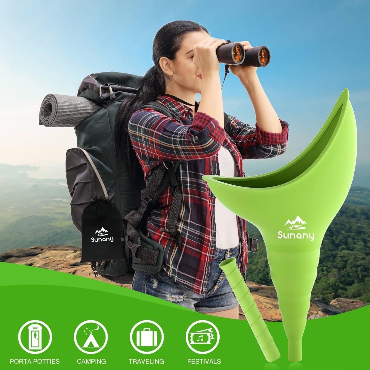 Woman with a backpack and binoculars, with a green portapotty in the foreground, set against a scenic background.
