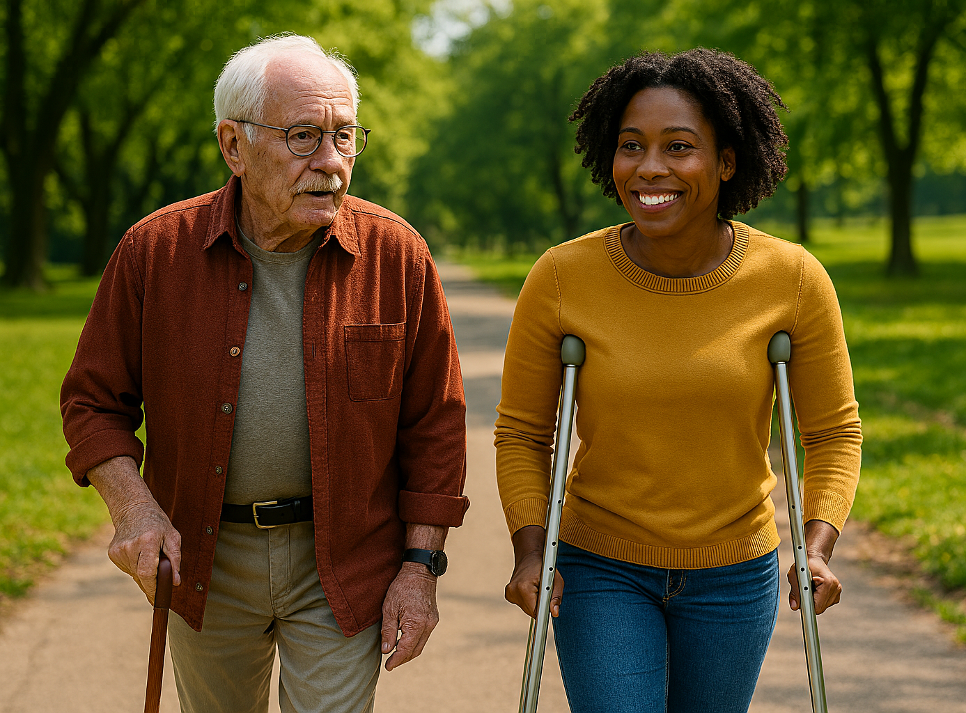 Man and woman walking together on a path in a park