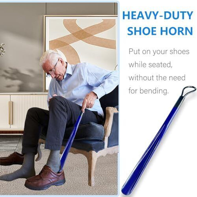 Man using a blue shoe horn with text about its use on a white background
