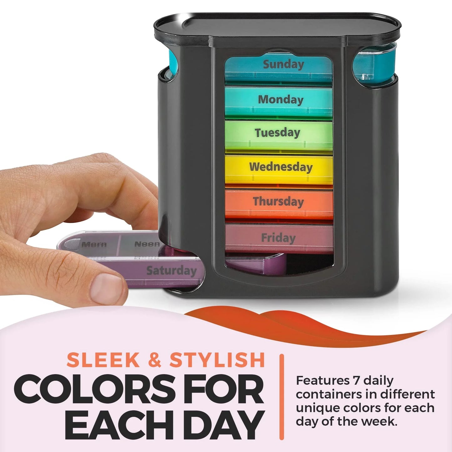 Container with colored daily containers for each day of the week, held by a hand.