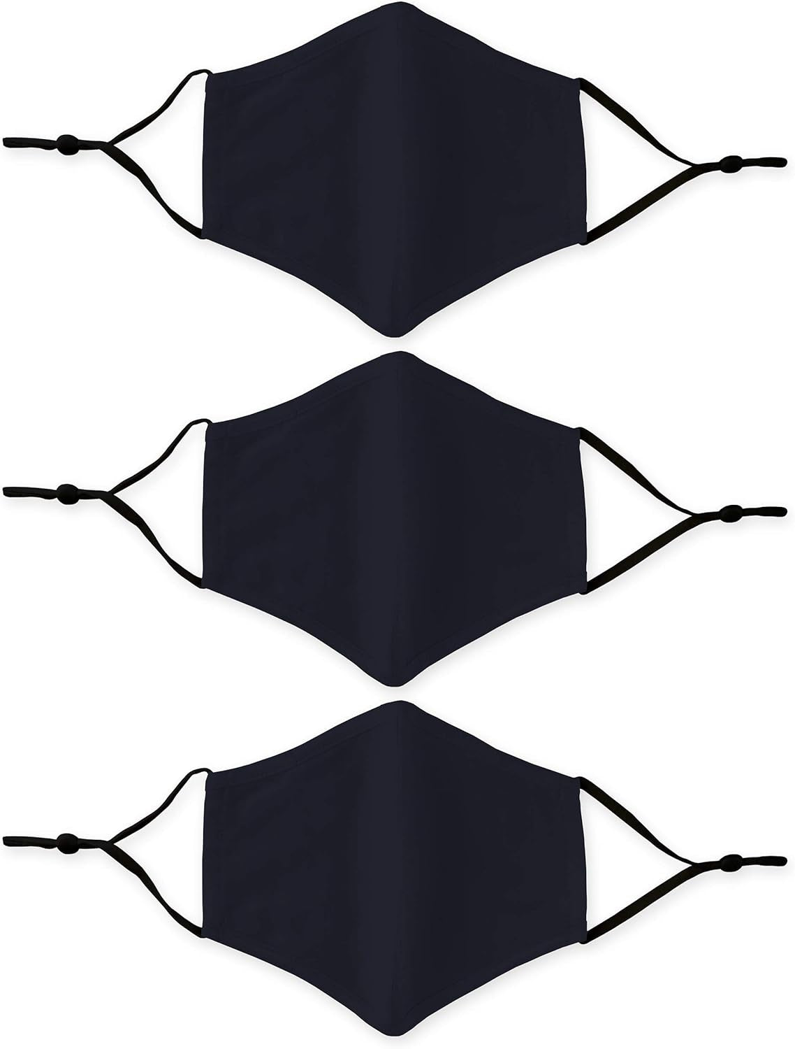 Three black face masks with elastic straps on a white background