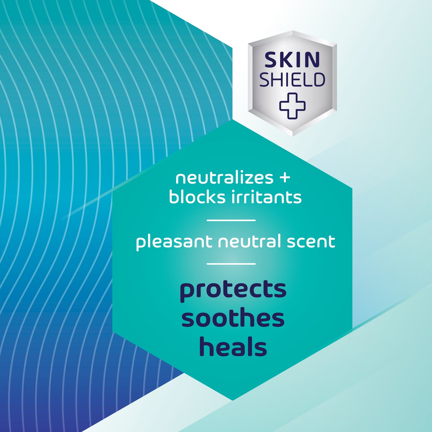Promotional graphic for a 'Skin Shield' product with text on benefits on a blue and green gradient background.