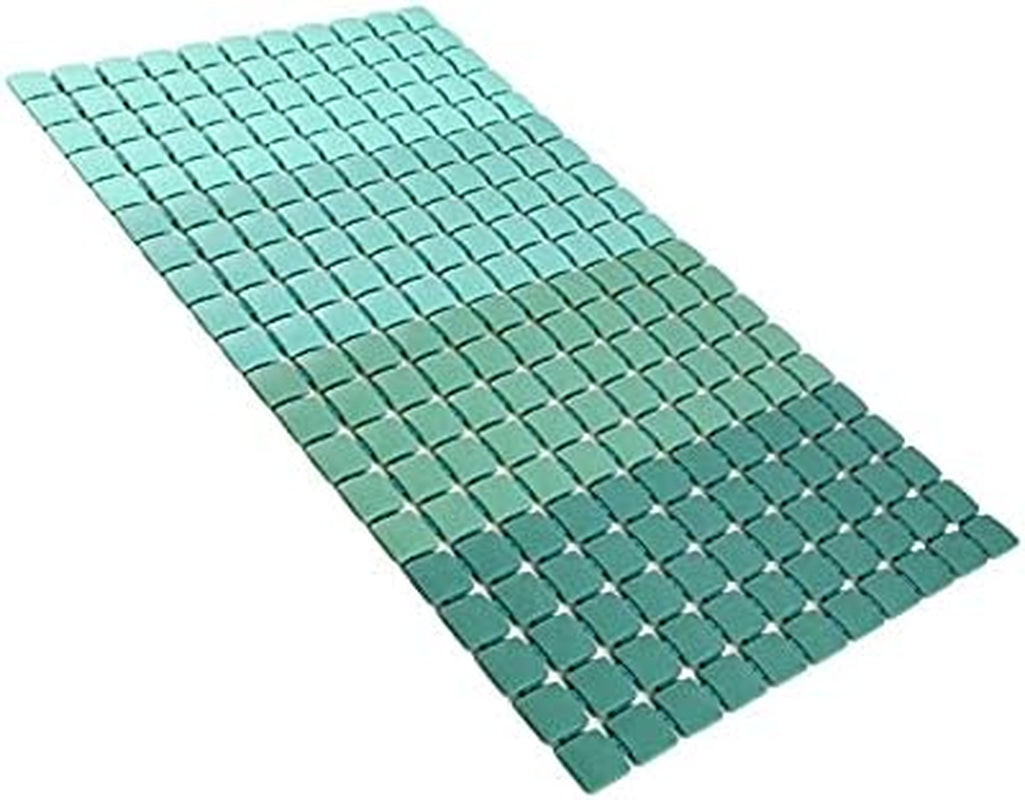 Teal bath mat with a grid pattern on a white background