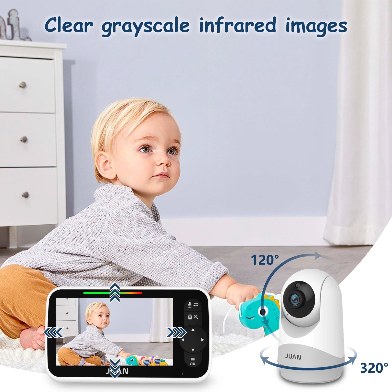 Child using a baby monitor with a camera displaying clear grayscale infrared images.