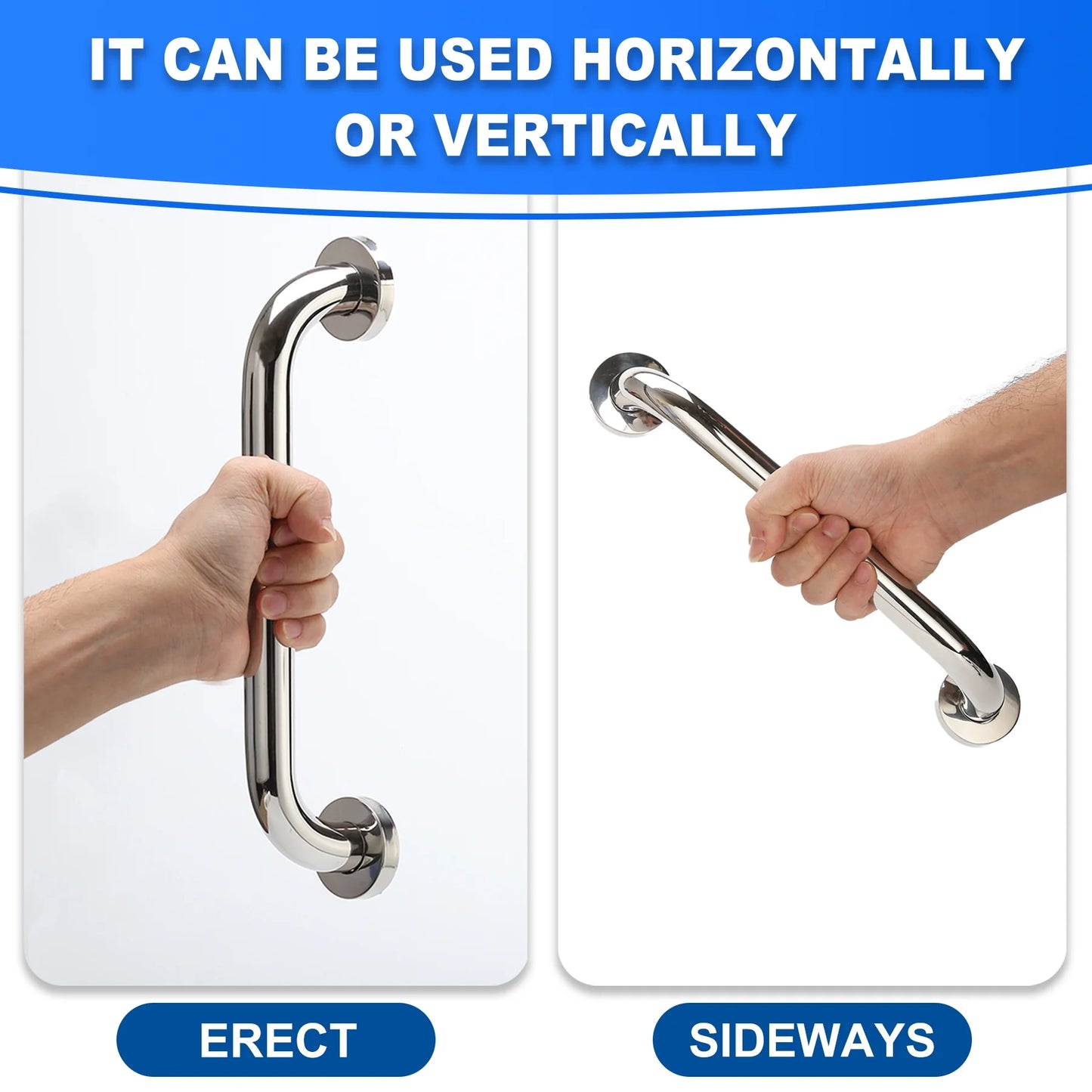 Metal grab bar with text indicating it can be used horizontally or vertically, shown in erect and sideways positions.