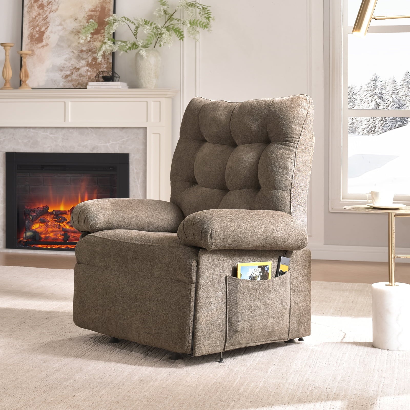 Brown recliner chair in a living room with a fireplace and window in the background.