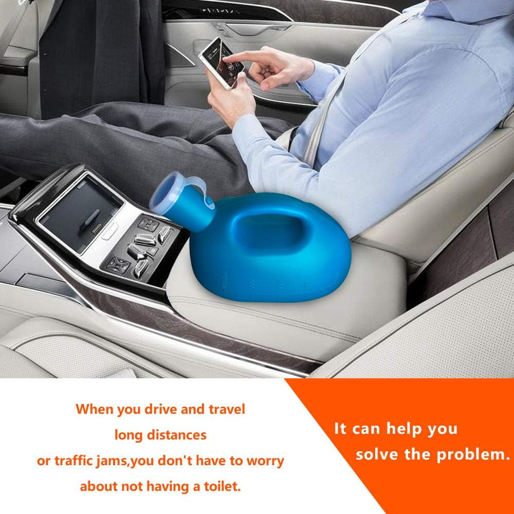 Person using a portable toilet in a car with text about travel convenience.