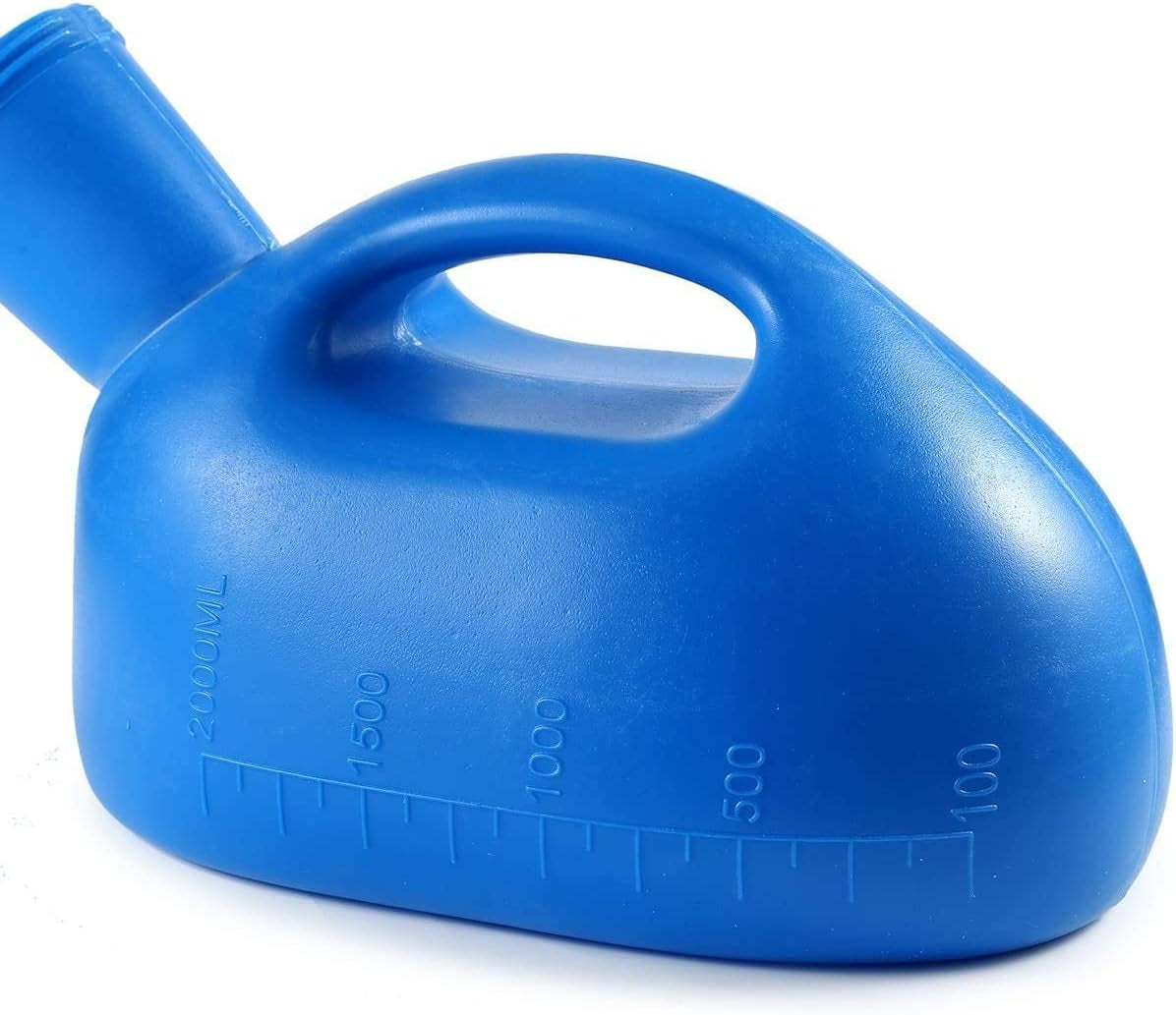 Blue plastic container with measurement markings on a white background