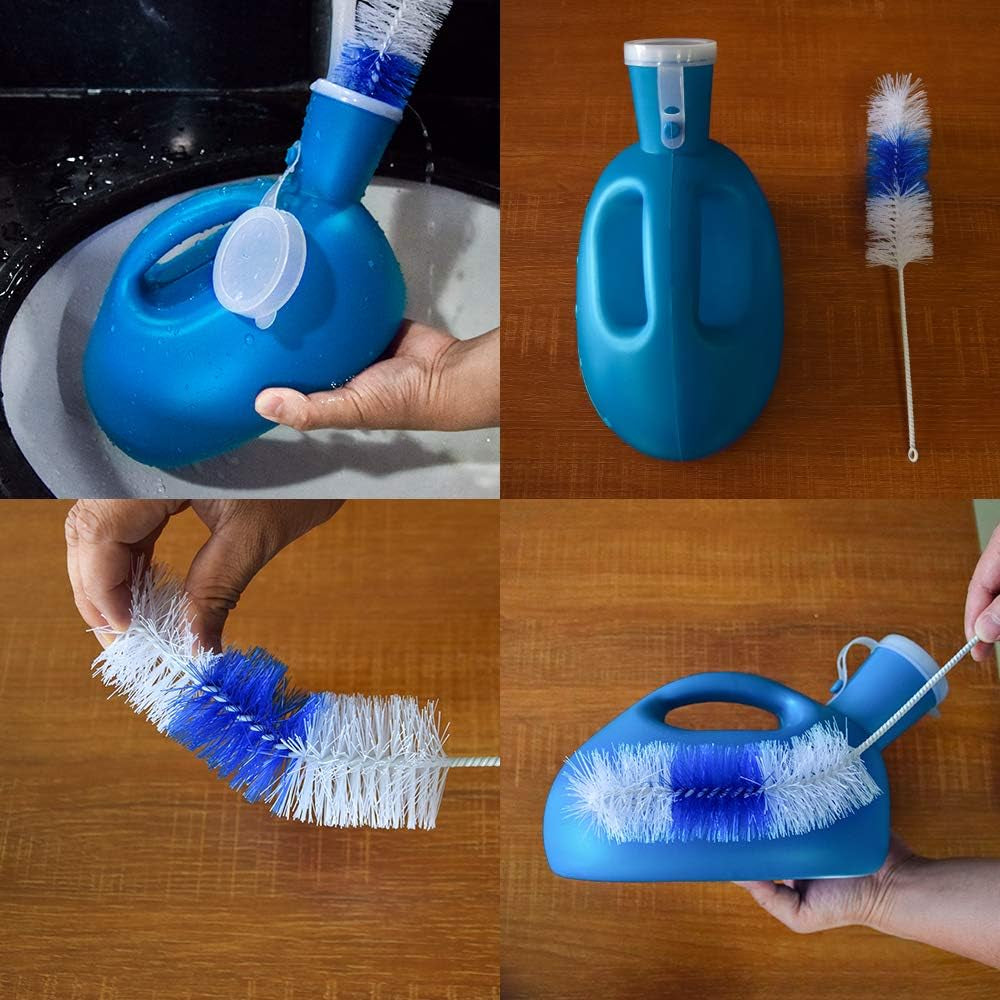Blue cleaning brush with handle and bristle head on a wooden surface.