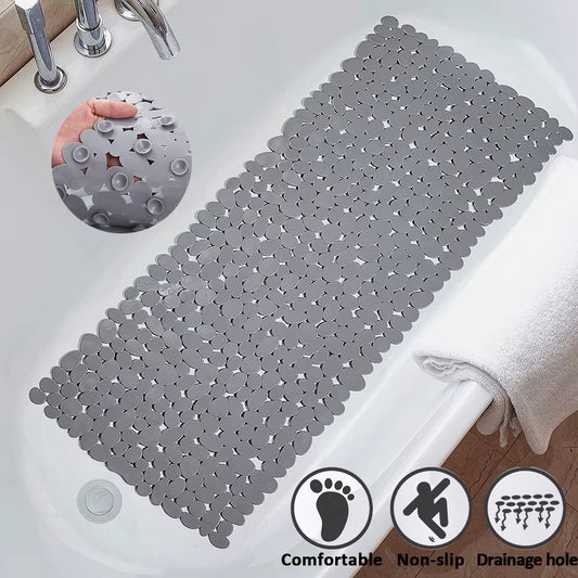 Gray bath mat with drainage holes on a bathtub, showing comfort, non-slip, and drainage features.