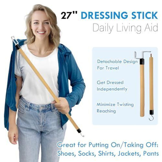 Woman holding a 27-inch dressing stick with text on daily living aid benefits.