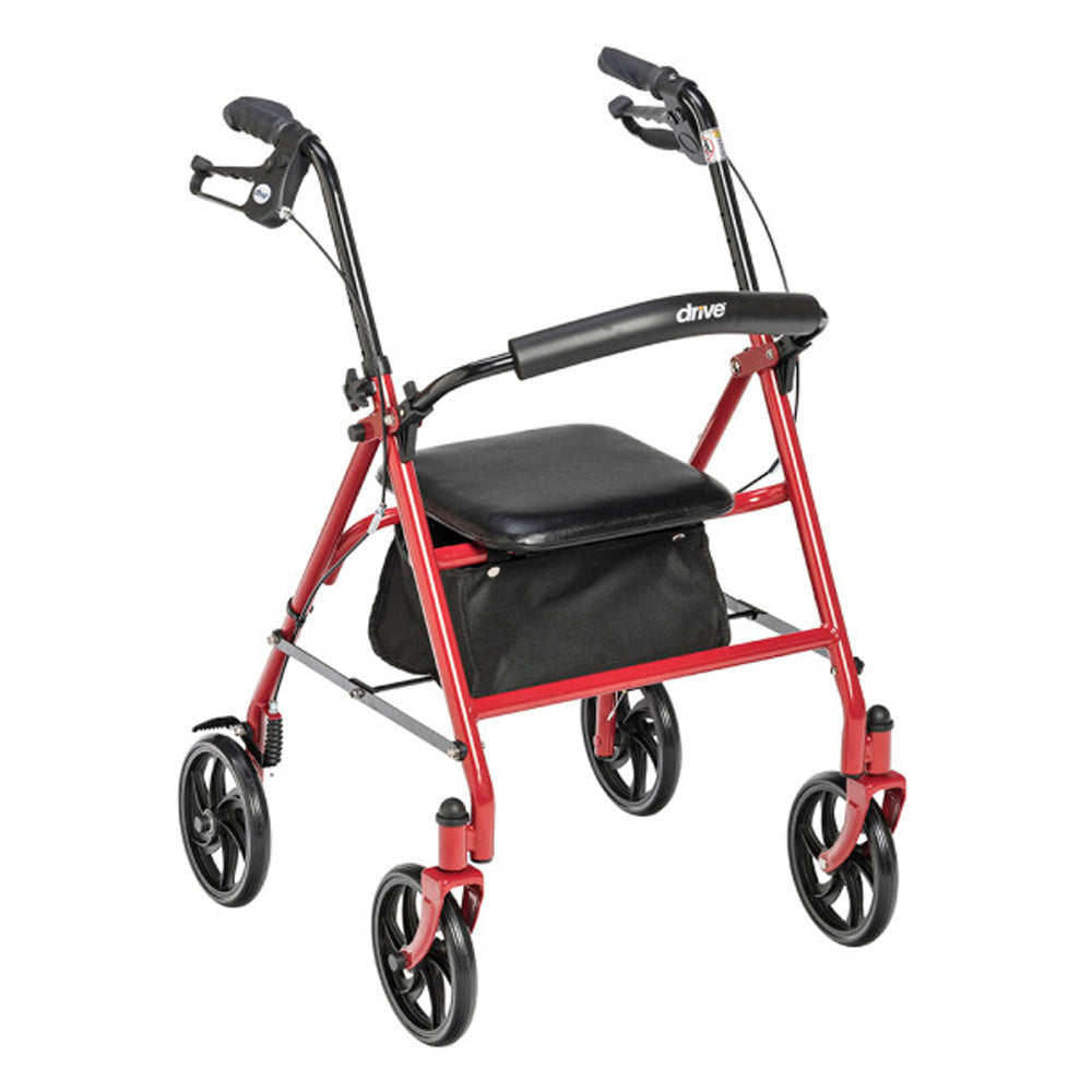 Drive Medical 10257RD‑1 Four‑Wheel Rollator – Red, Padded Seat, 7.5" Casters
