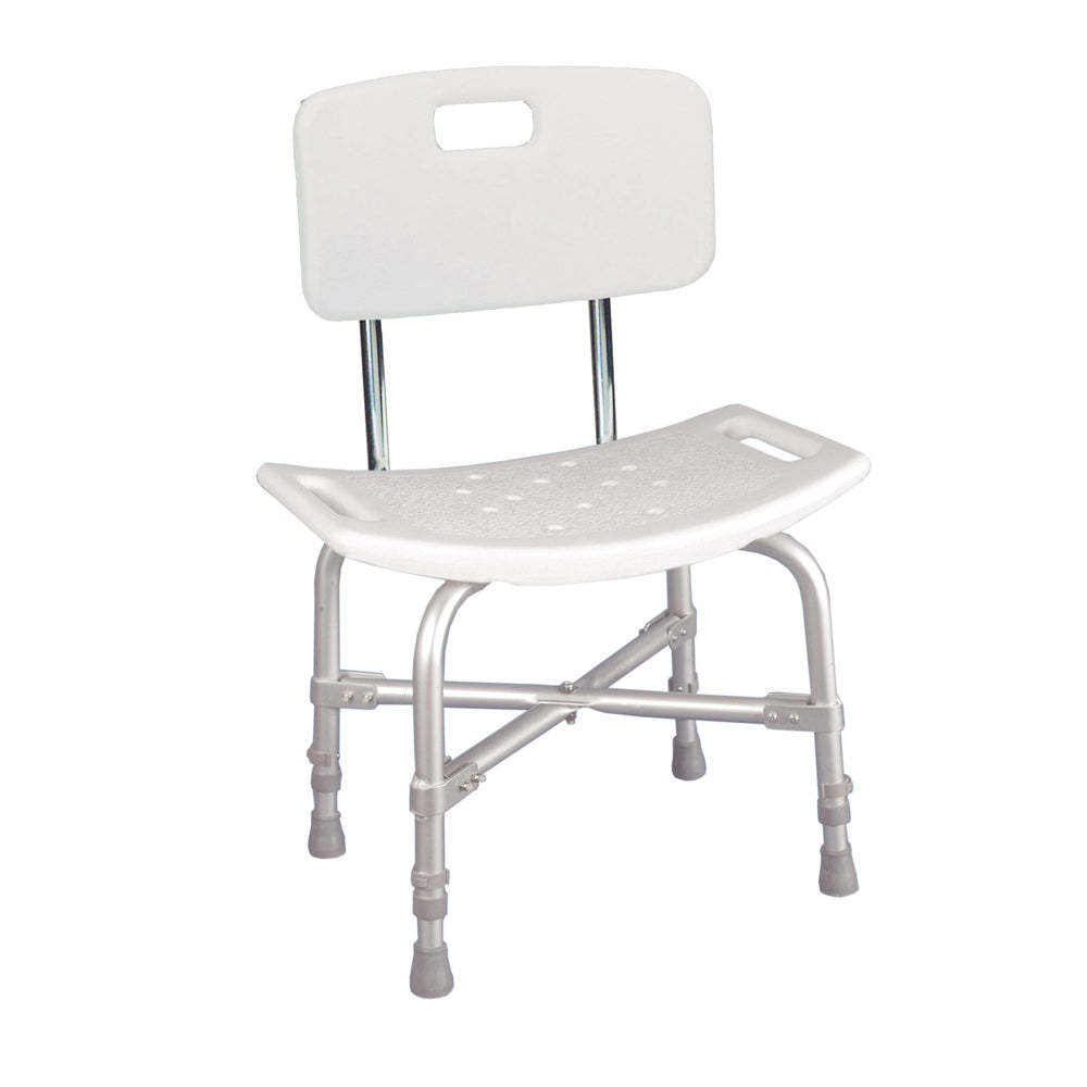 White shower chair with metal frame on a white background
