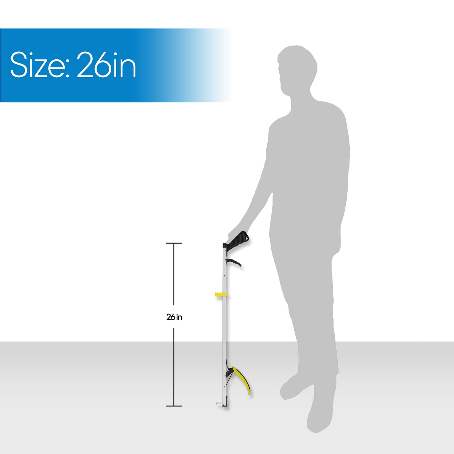 Measurement chart showing a walking stick with a size of 26 inches and a silhouette of a person for scale.