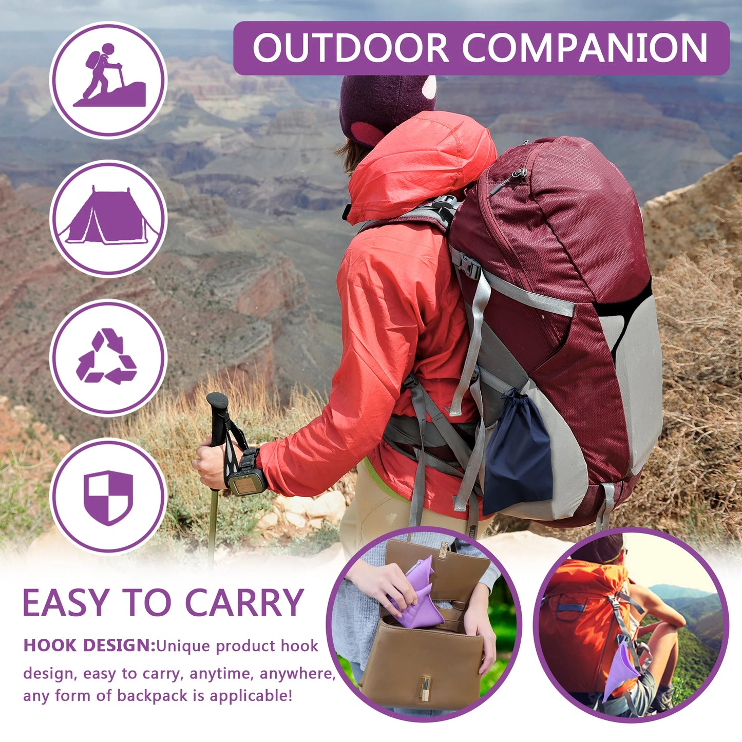 Person hiking with a backpack on a mountain, promotional image for a backpack with features highlighted.