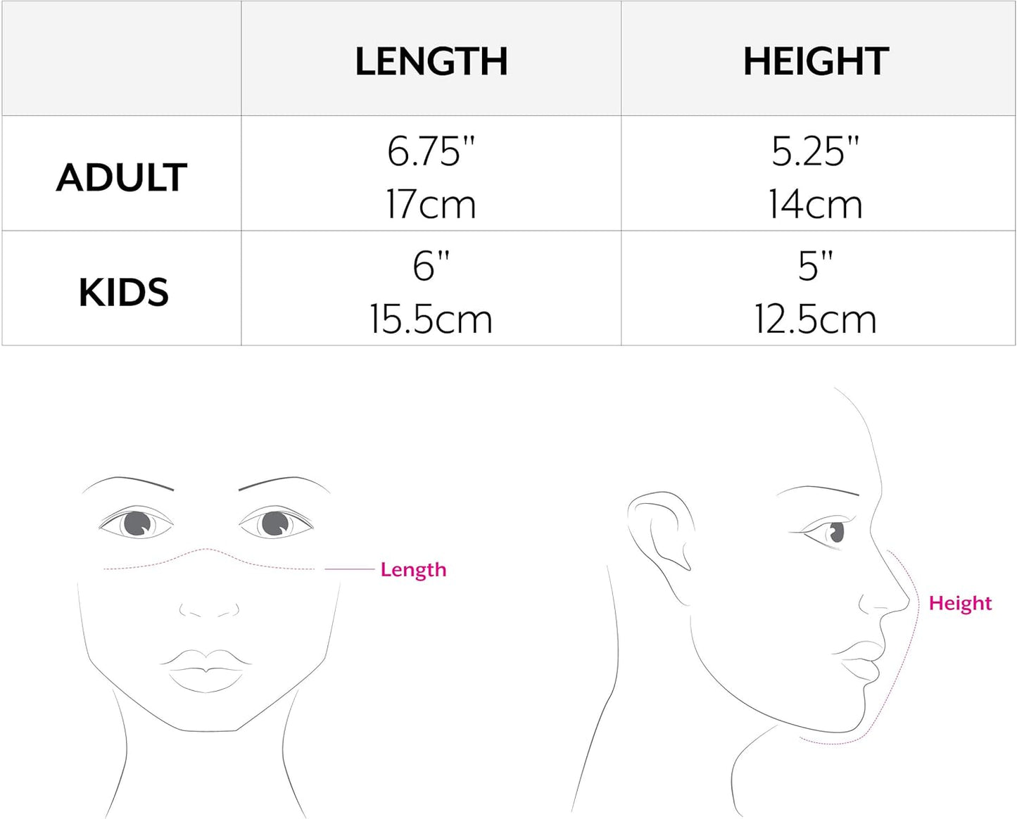 Measurement chart for length and height with face illustrations for adult and kids