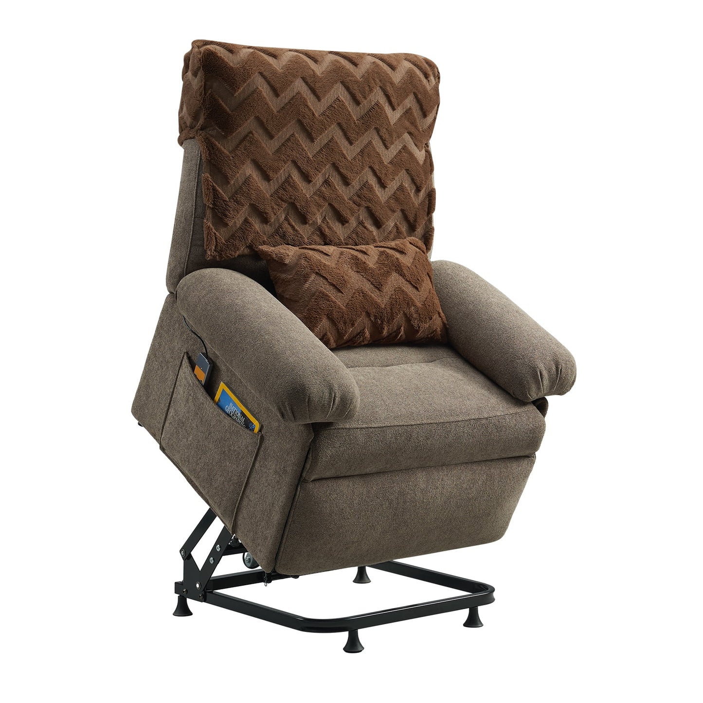 Brown recliner chair with patterned backrest and cup holder on a white background