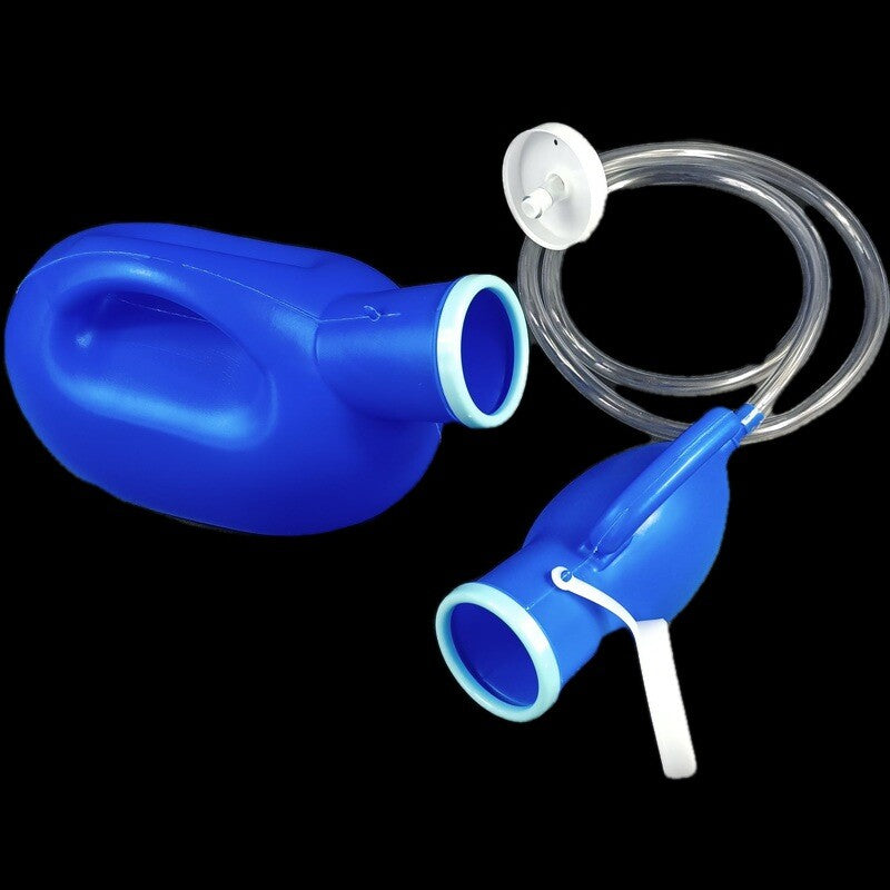 Blue plastic device with a clear tube on a black background