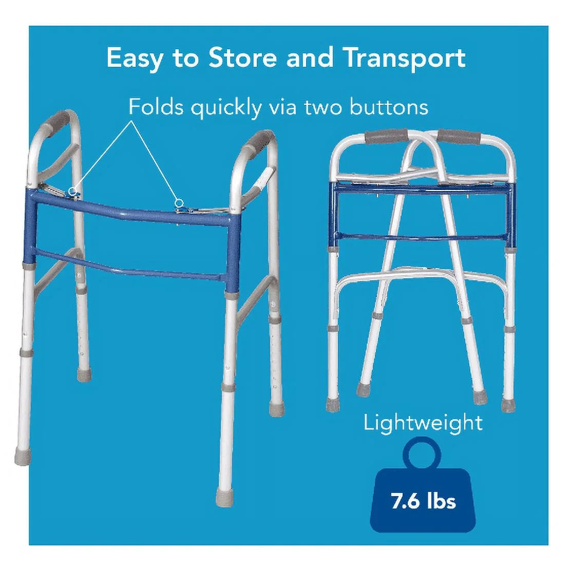 Foldable walker with text on a blue background