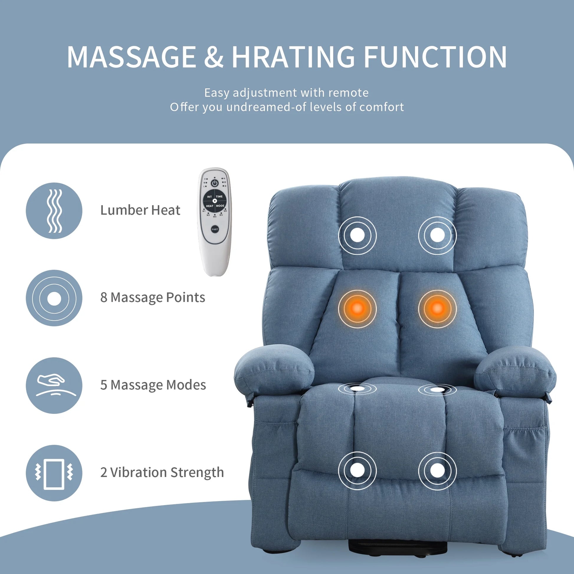 Blue massage chair with remote control and feature icons on a blue background