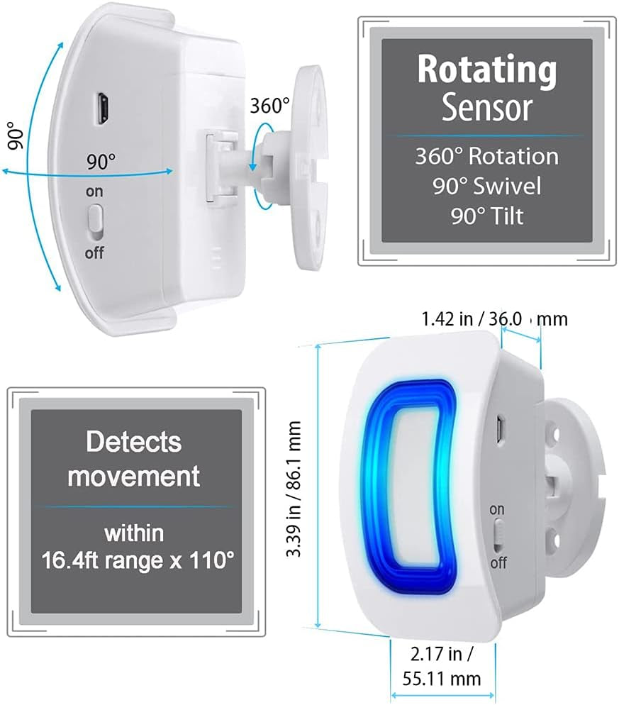 White motion sensor with labeled features and dimensions on a white background