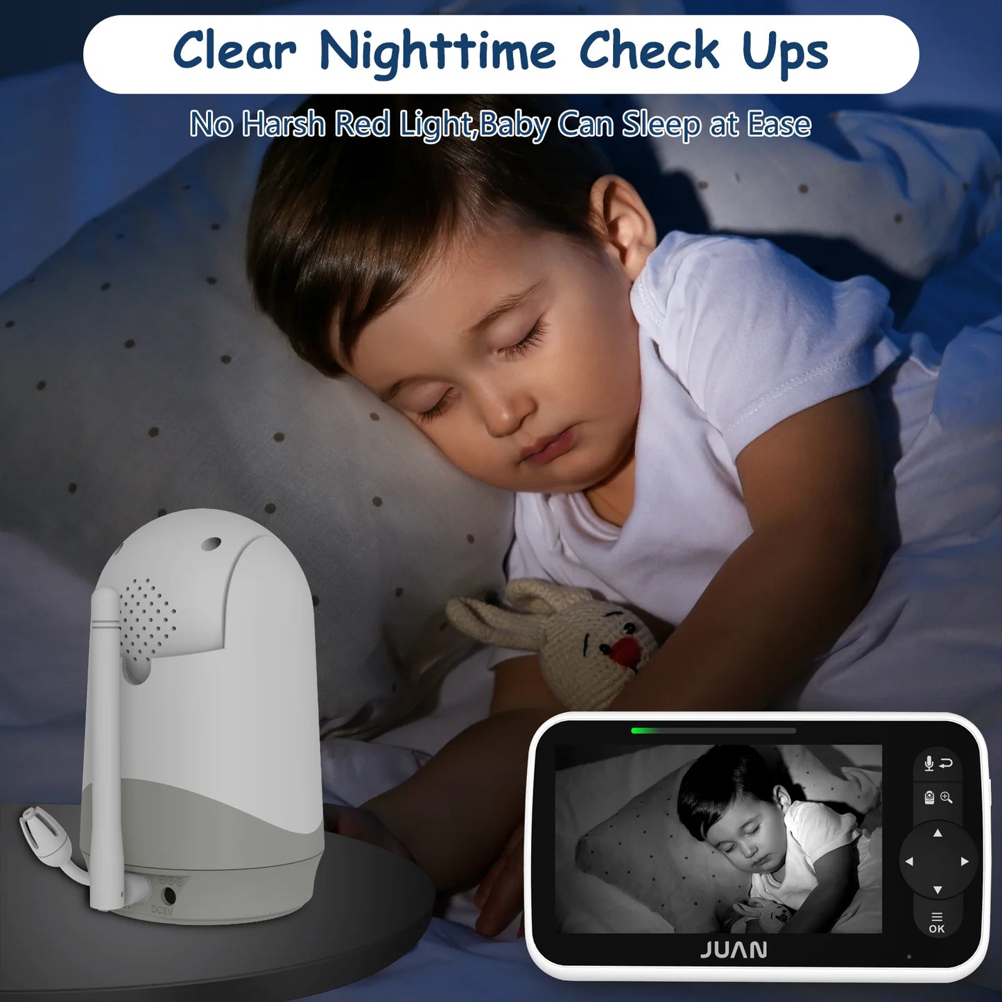 Child sleeping with a baby monitor displaying 'Clear Nighttime Check Ups' and 'No Harsh Red Light Baby Can Sleep at Ease'.