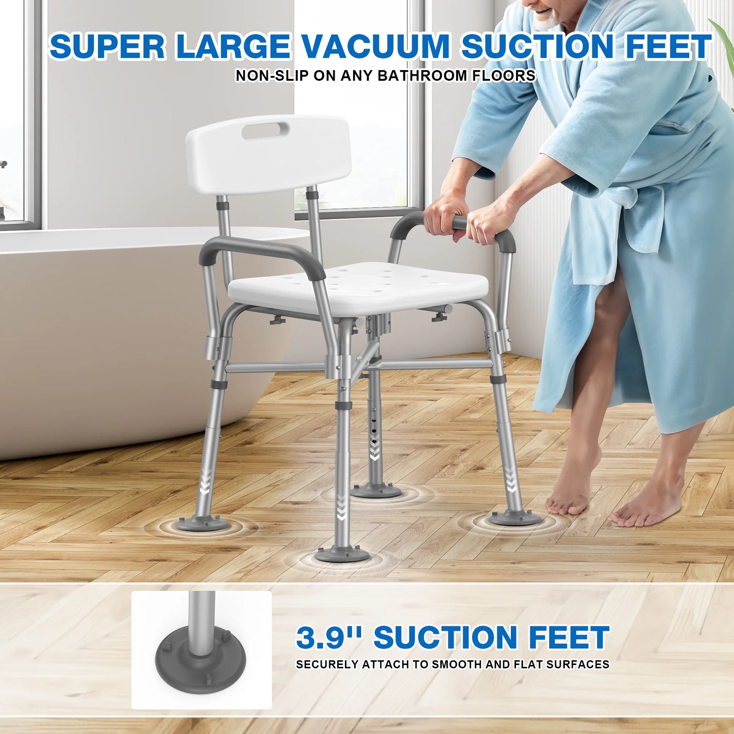 Bathroom chair with super large vacuum suction feet on a wooden floor.