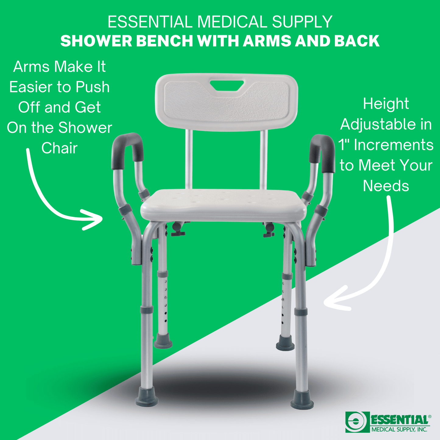 Shower bench with arms and back on a green and white background
