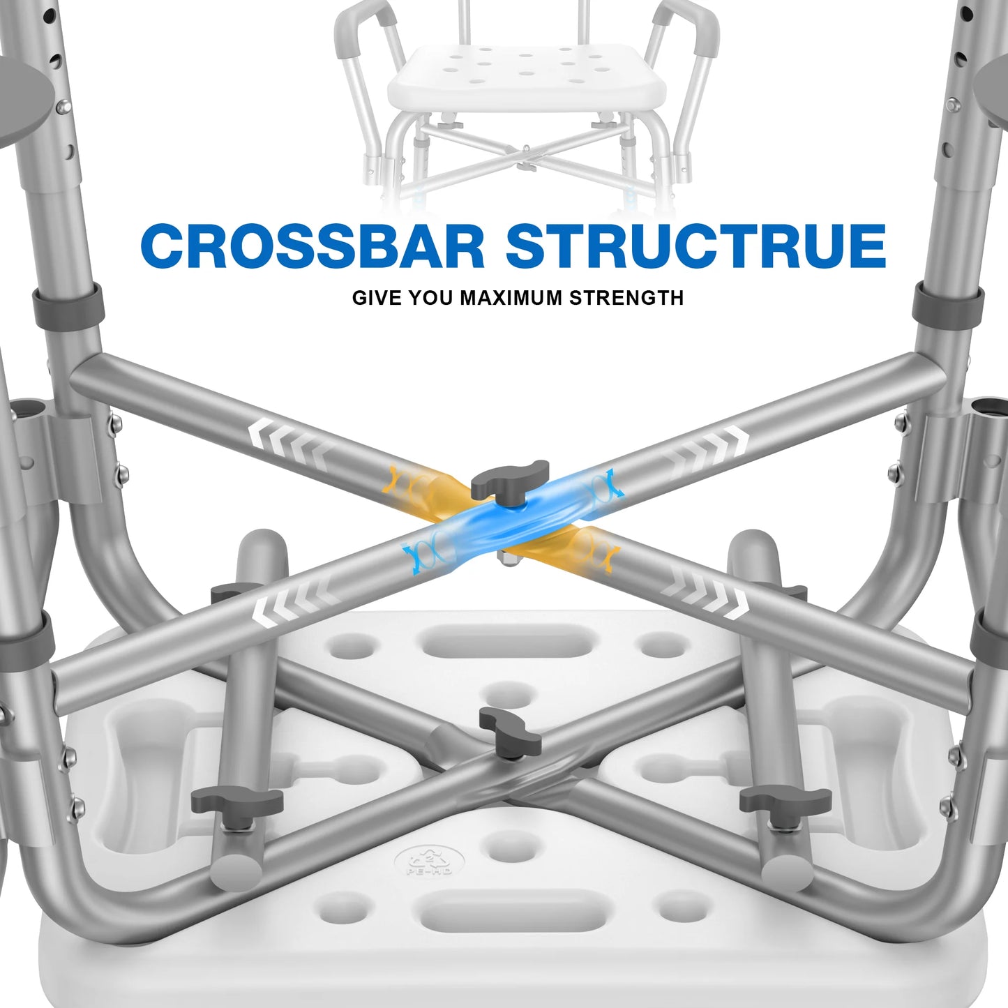 Metal walker with crossbar structure highlighted, emphasizing strength.