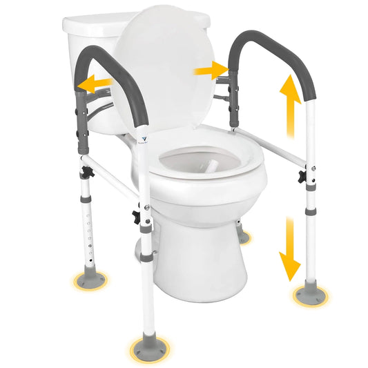 Vaunn toilet safety rails with padded clamp-on handles for secure bathroom support. Fits most toilets and aids mobility for seniors and recovery.