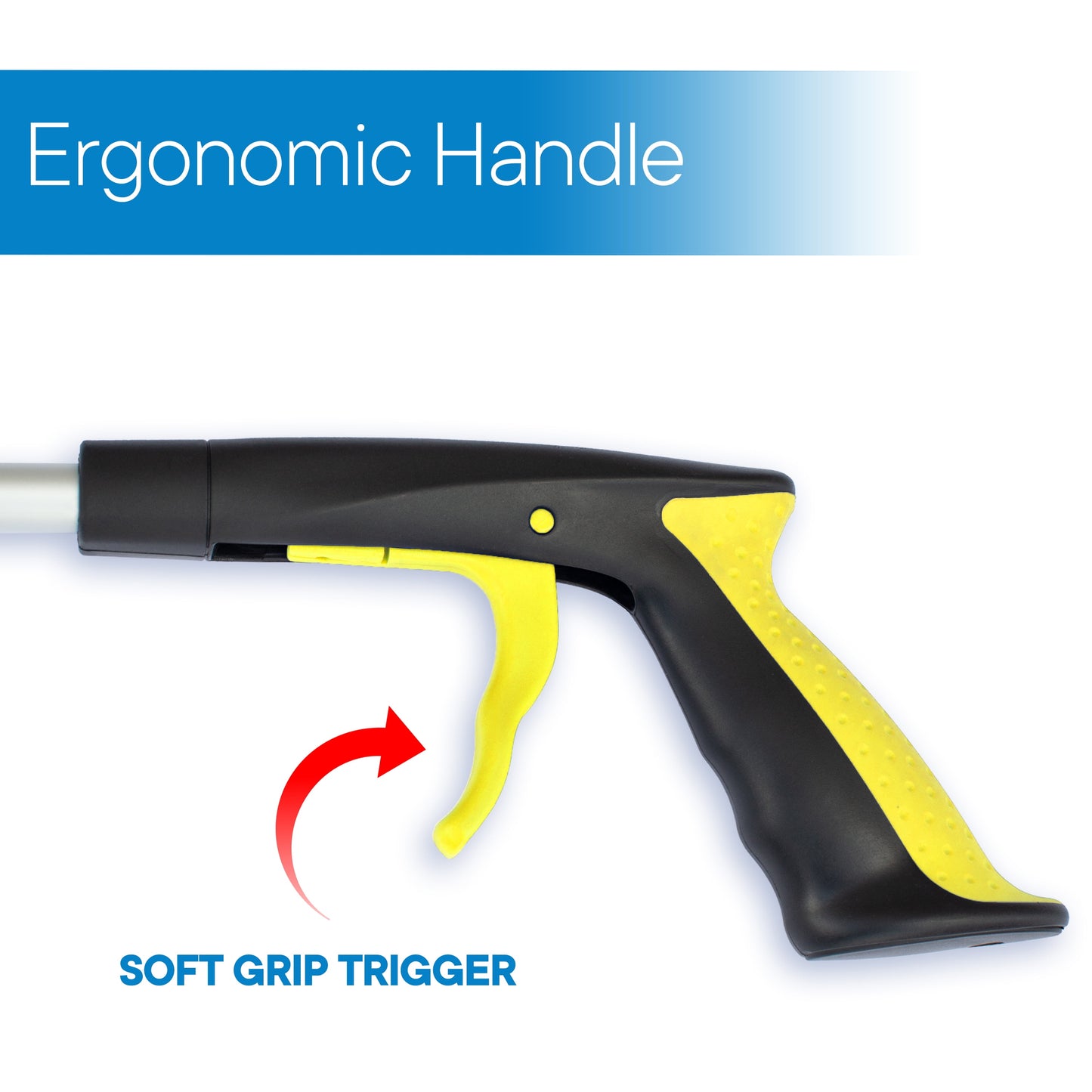 Ergonomic handle with yellow and black design and soft grip trigger on a white background
