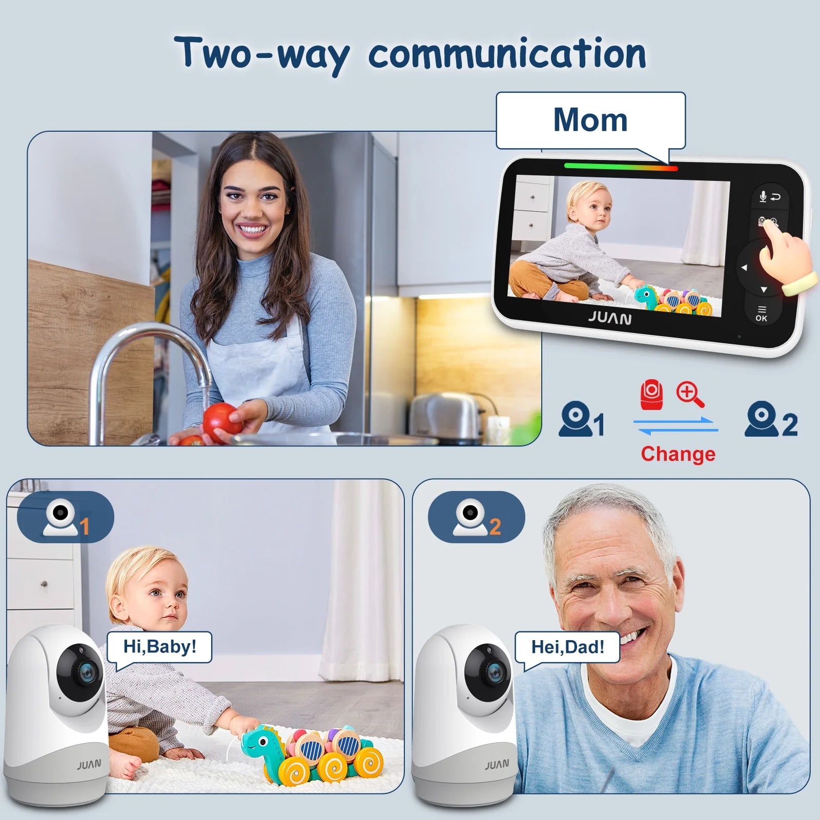 Two-way communication system with a woman, child, and elderly man using the device.