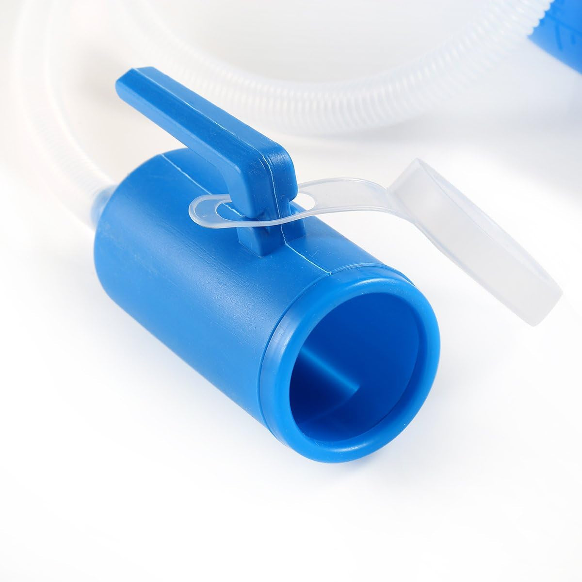 Blue plastic urinal with a clear tube on a white background