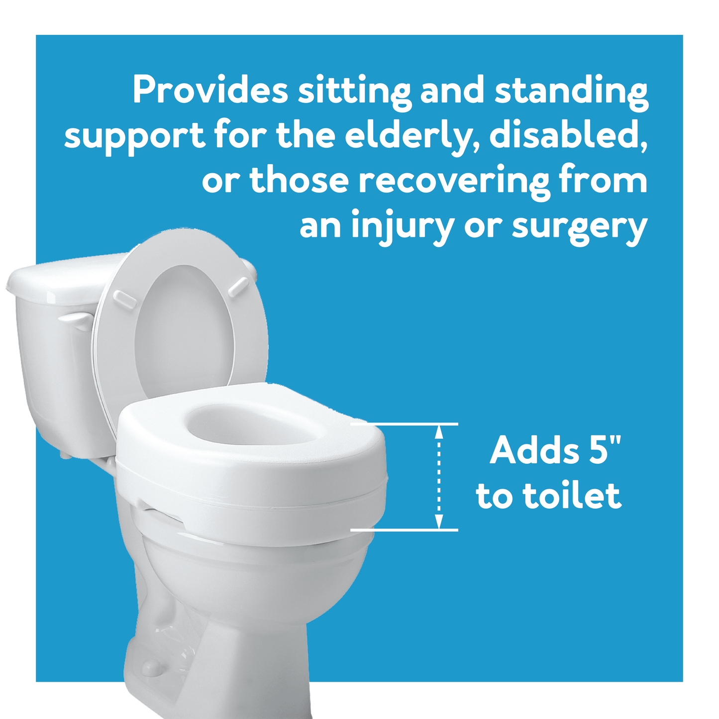 Carex Raised Toilet Seat installed on standard toilet. Designed for mobility support and easy sit-to-stand.