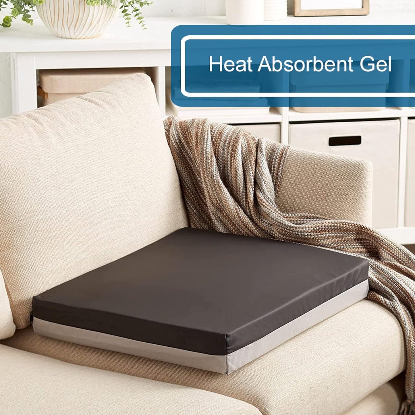 Heat absorbent gel cushion on a beige sofa with a blanket